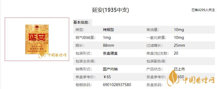 延安中支1935好抽嗎 延安中支1935多少錢(qián)一盒
